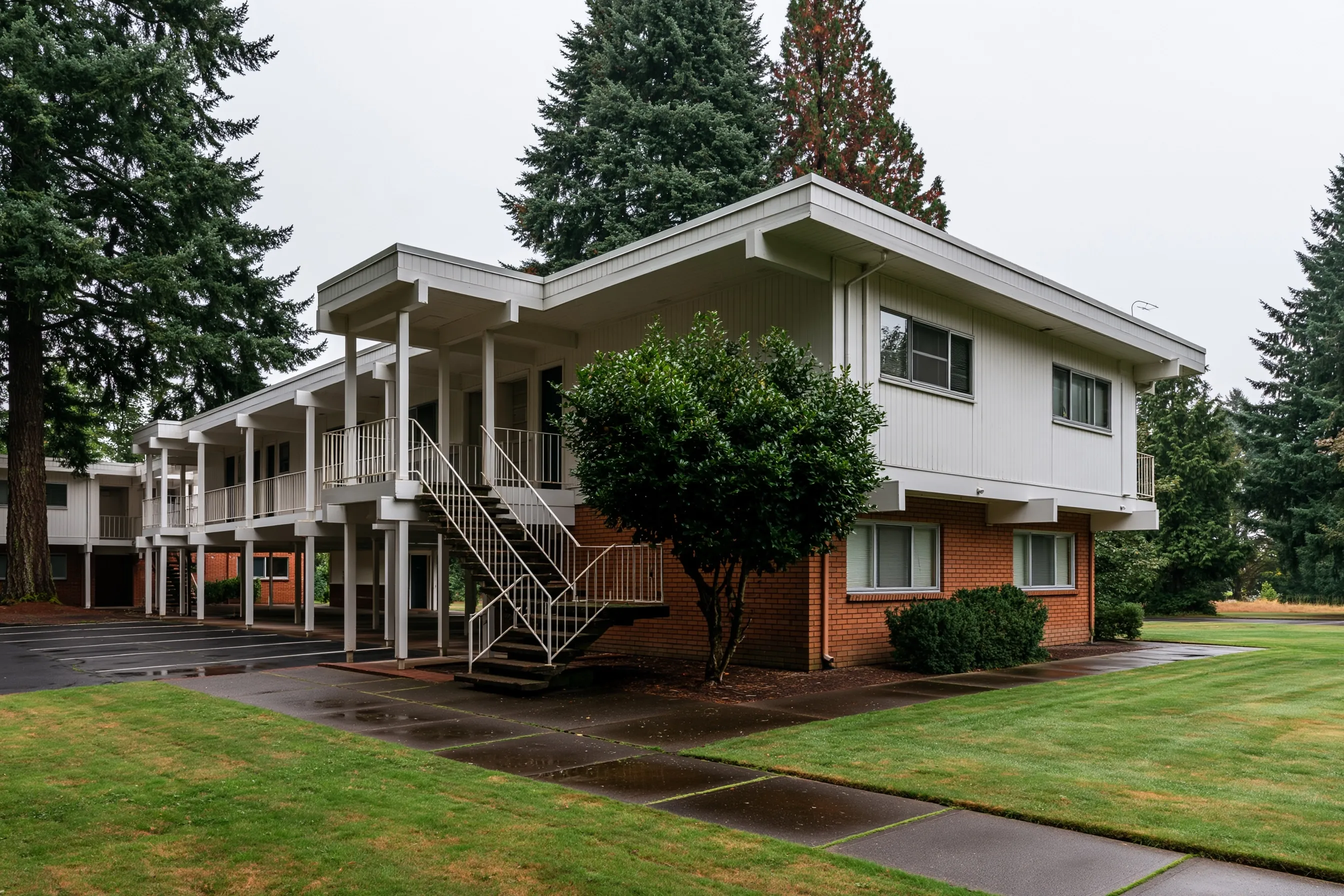 Two-story 1960s garden apartment building with outside walkways, siding and brick under a cloudy sky