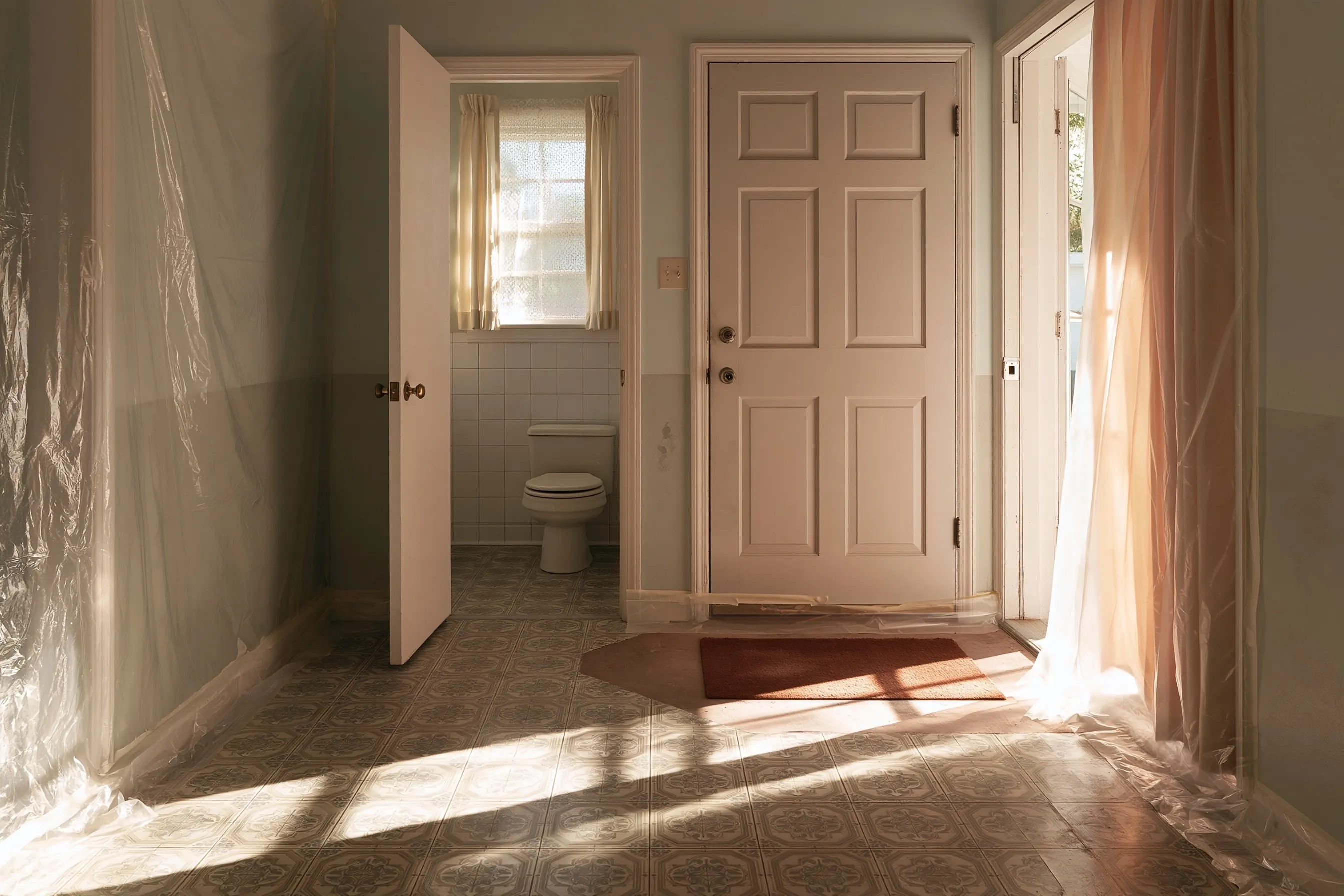Entry hall of a 1960s house with old sheet vinyl cut back, plastic taped along the walls and a half bath door open
