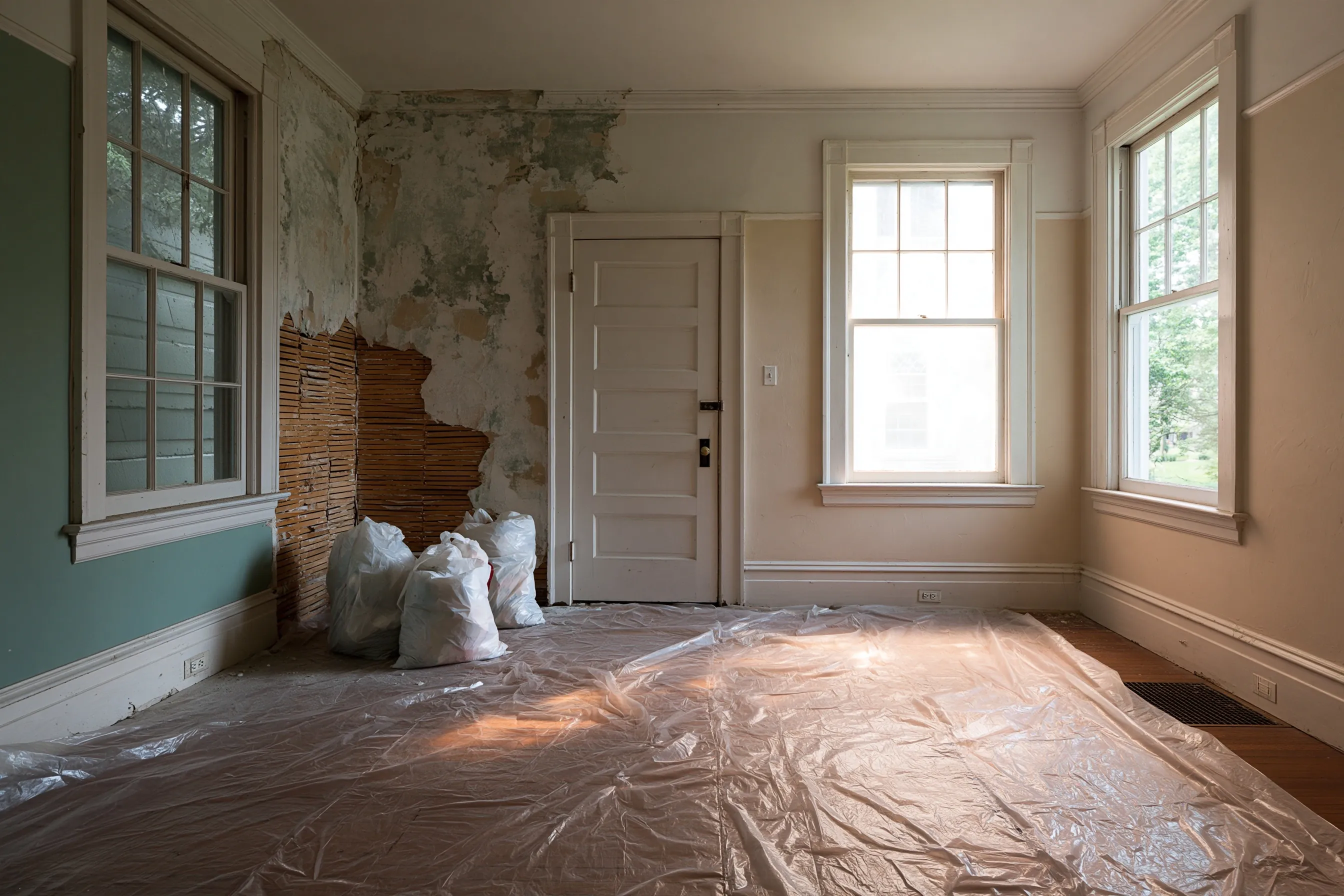 Bedroom of a 1930s house with old plaster broken back to the wood lath and plastic sheeting laid over the floor