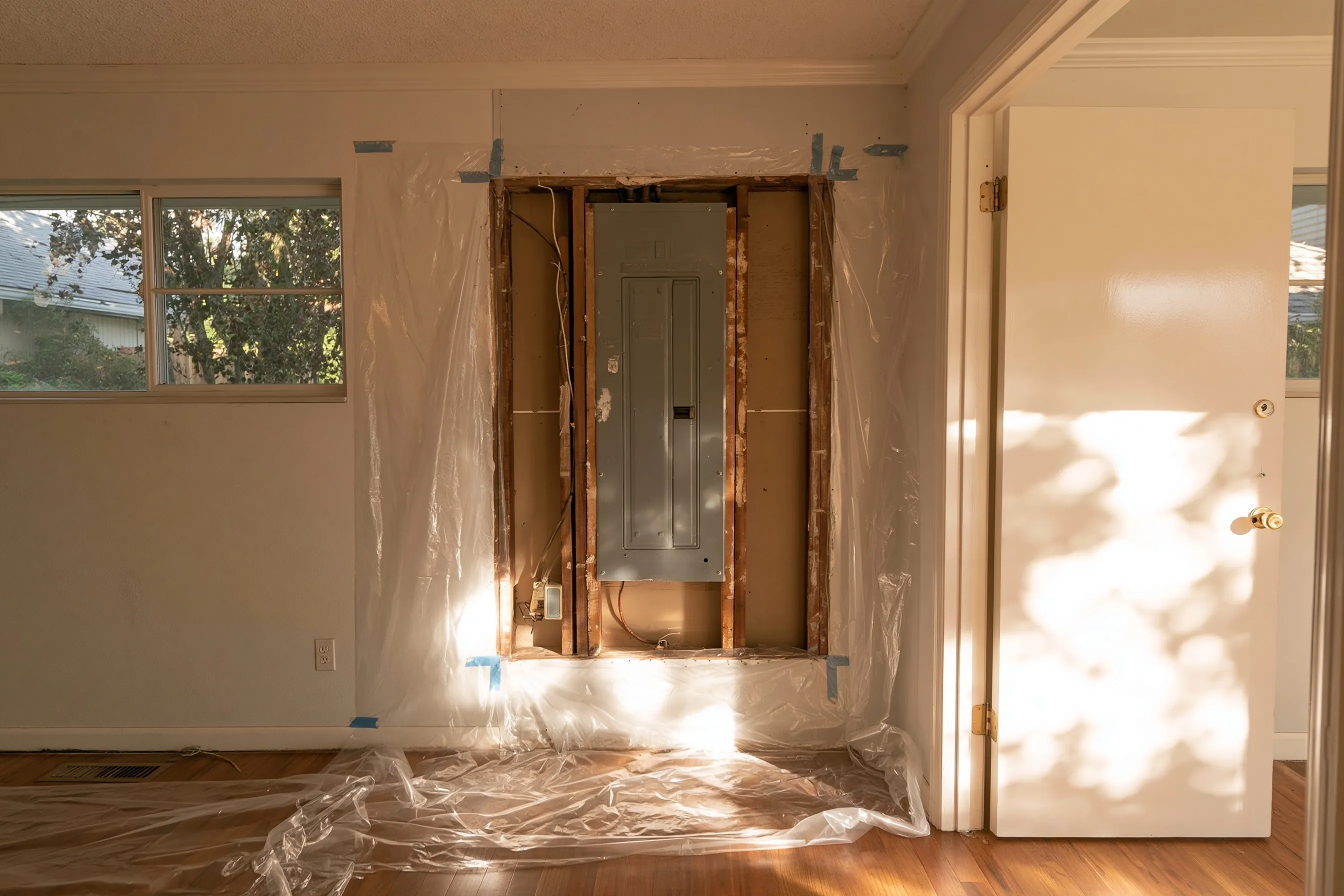 Wall around an old electrical panel with a neat section cut out and plastic taped around the opening