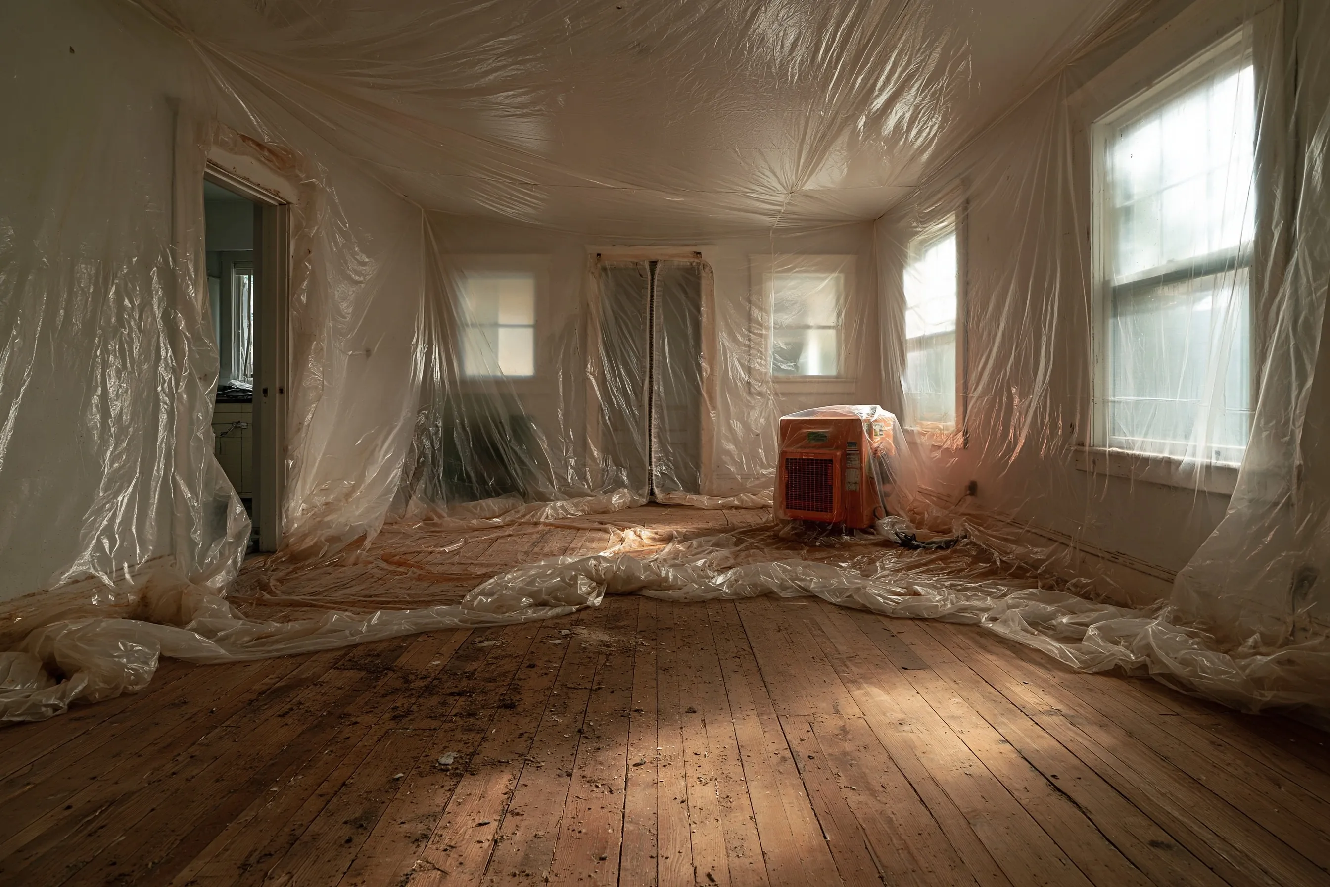 Empty room prepared for abatement, with clear plastic sheeting over the walls, floor and windows