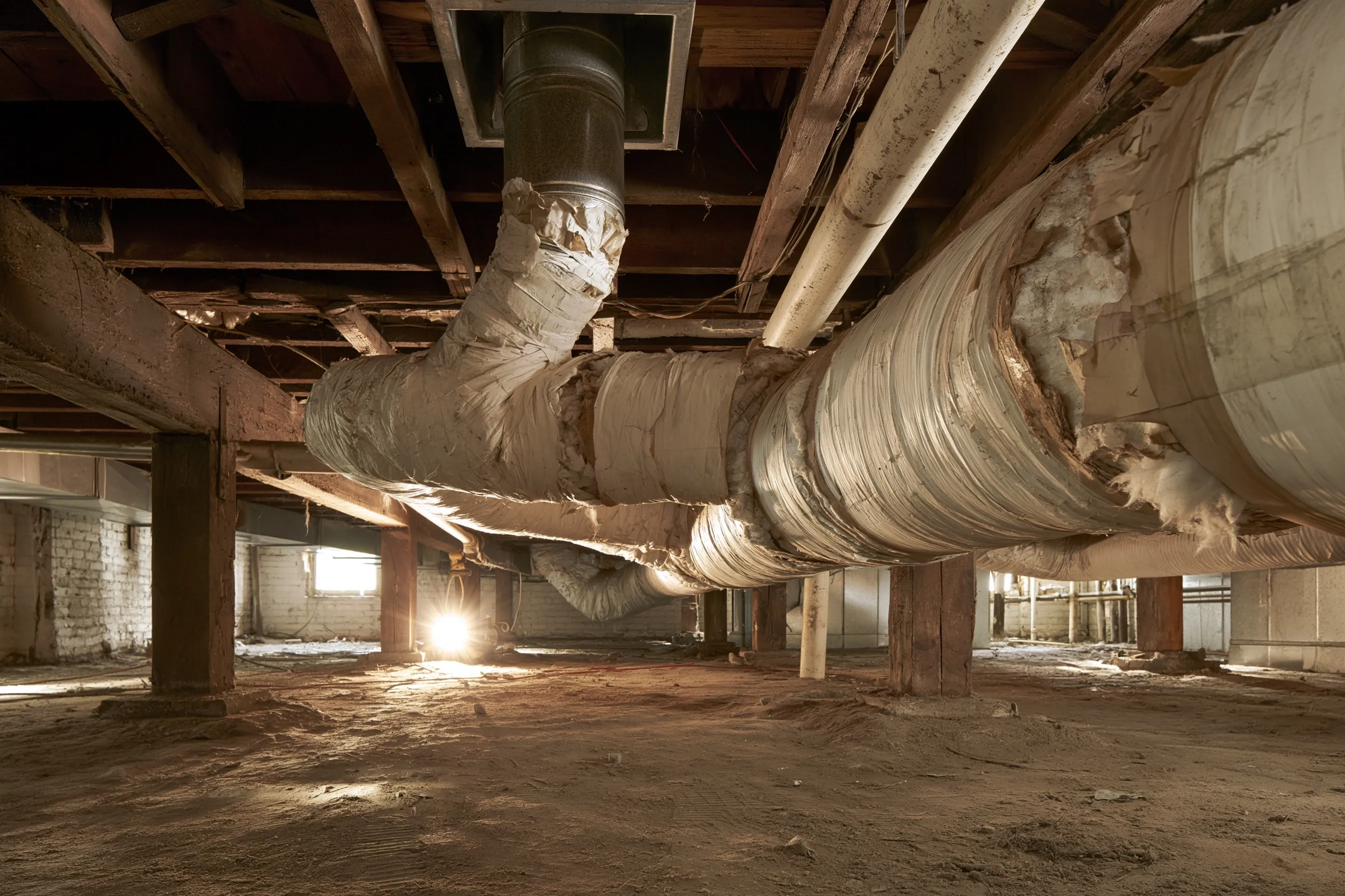 Old heating duct and register boot wrapped in white insulation in a basement