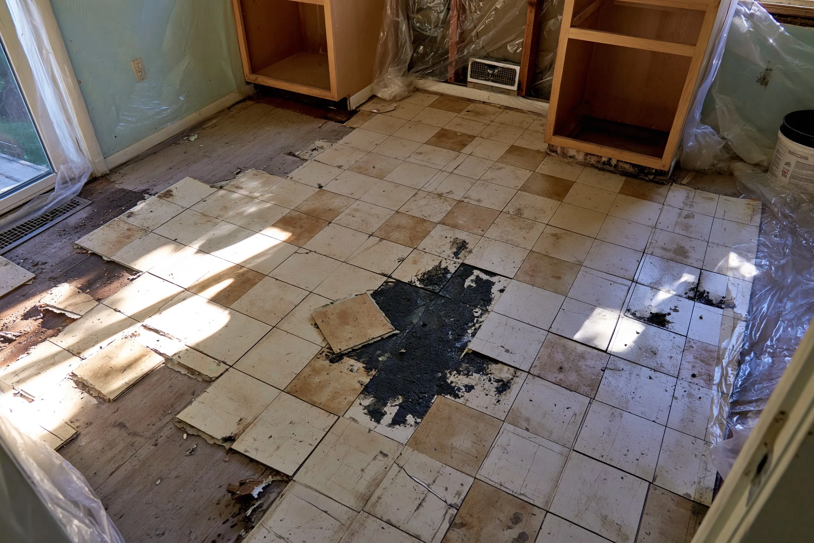 Kitchen floor of small square vinyl tiles, a few lifted to show black adhesive, with plastic along the walls
