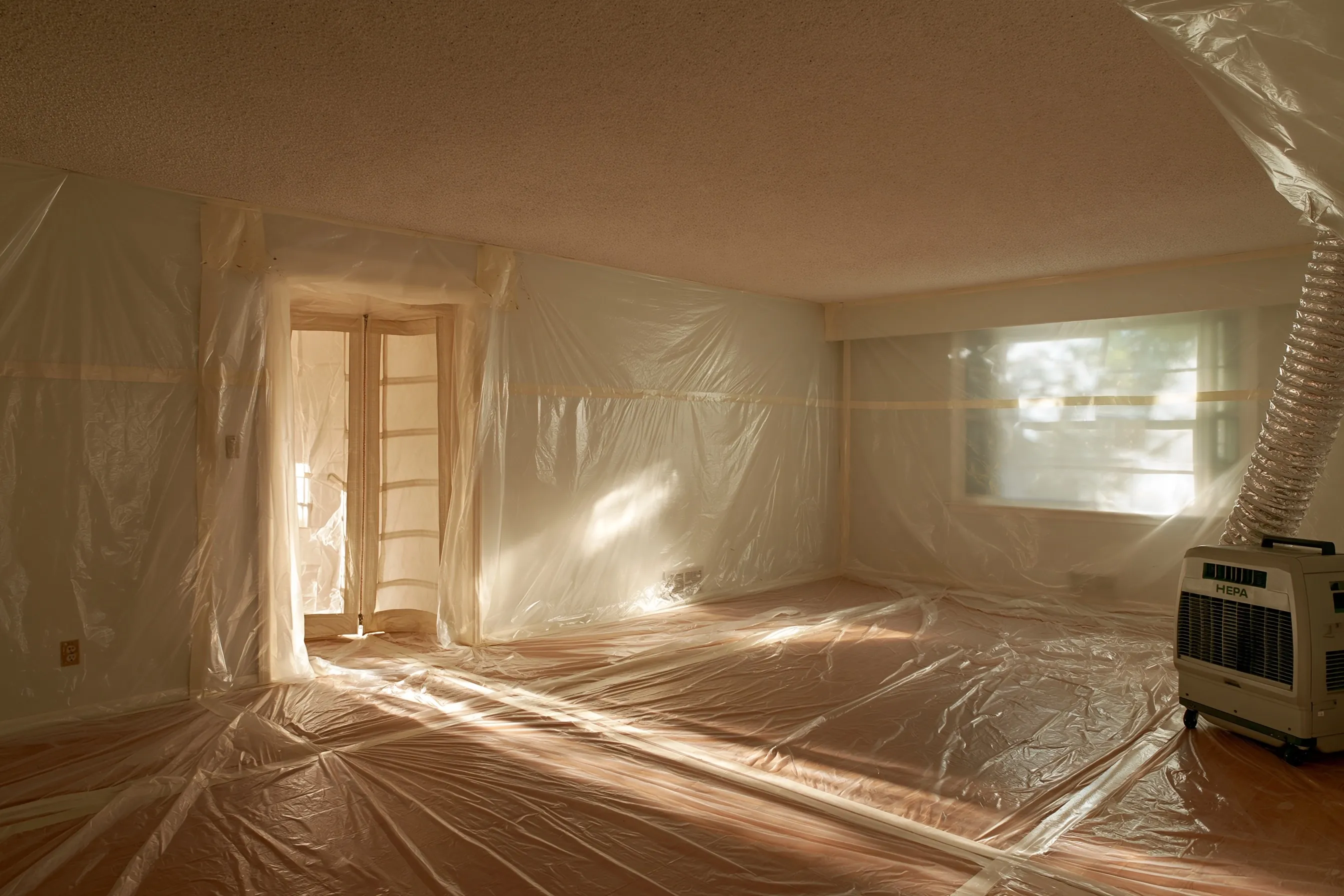 A 1970s living room with a textured popcorn ceiling, the room sealed off with plastic sheeting