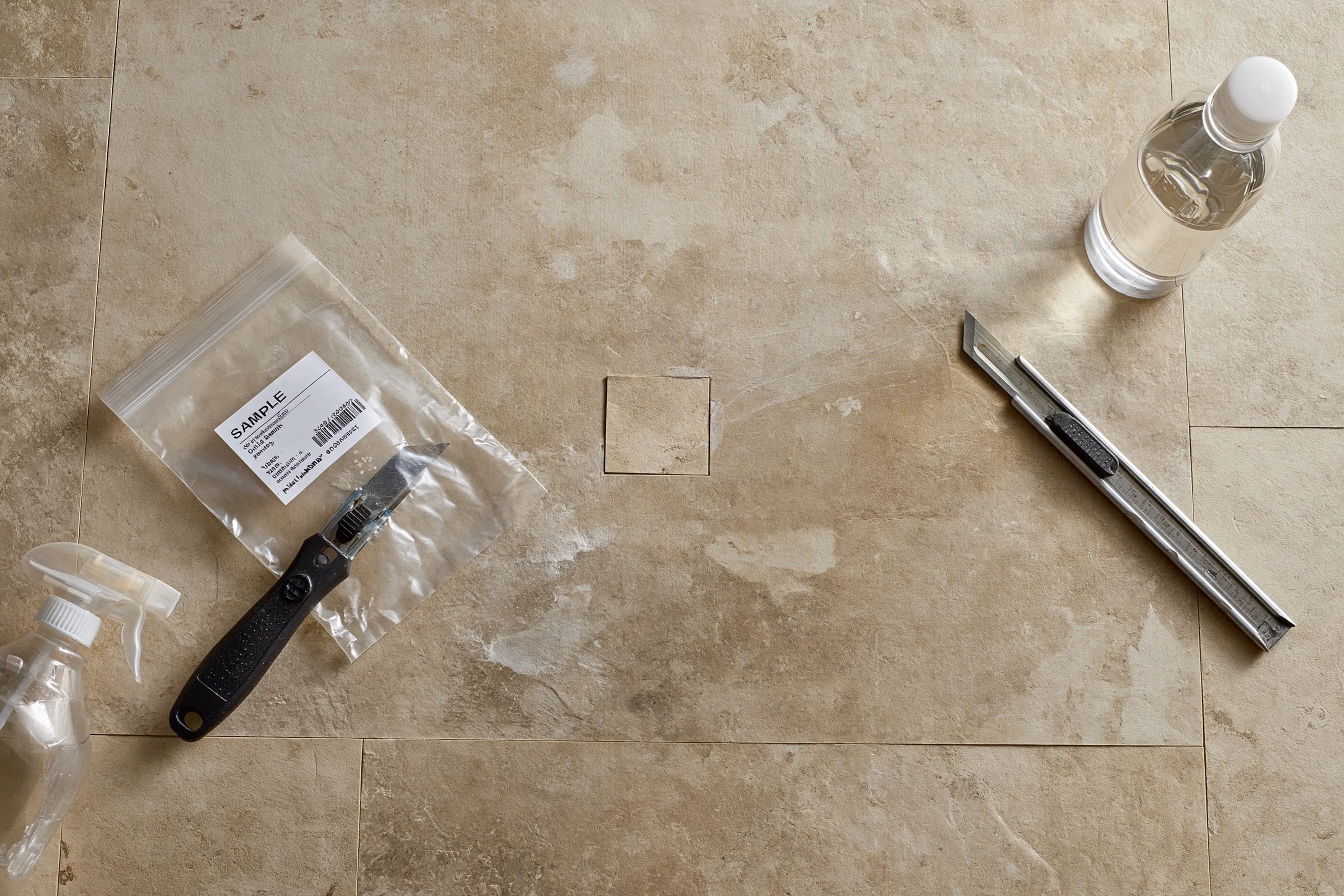 Sealed sample bags and a sampling tool next to a small square cut taken from a floor